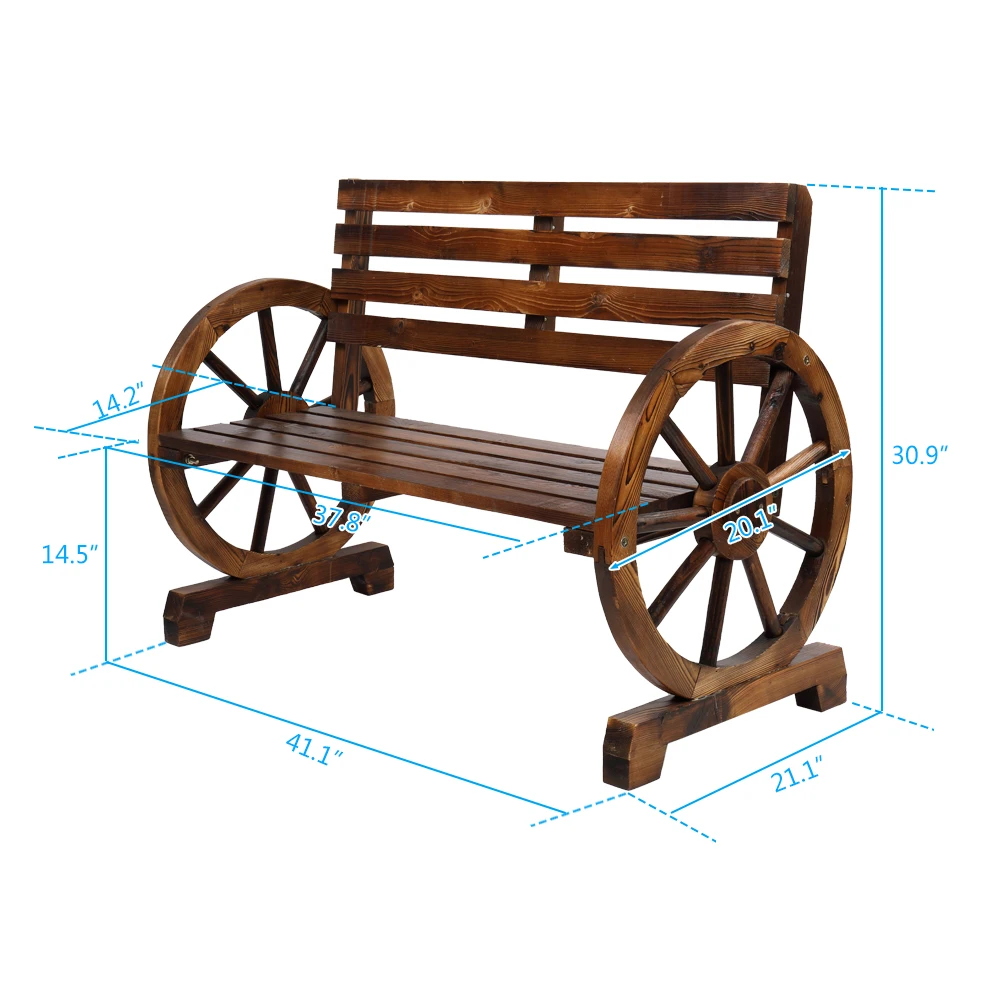 Rustic 2-Person Wooden Wagon Wheel Bench with Slatted Seat and Backrest Brown[US-Stock]