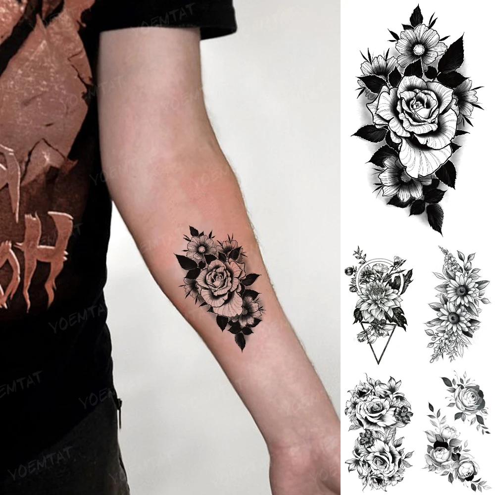 

Realistic Flower Waterproof Temporary Tattoo Sticker Woman Arm Rose Flower Peony Tatto Black Line Inkjet Body Art Fake Tatoo Man