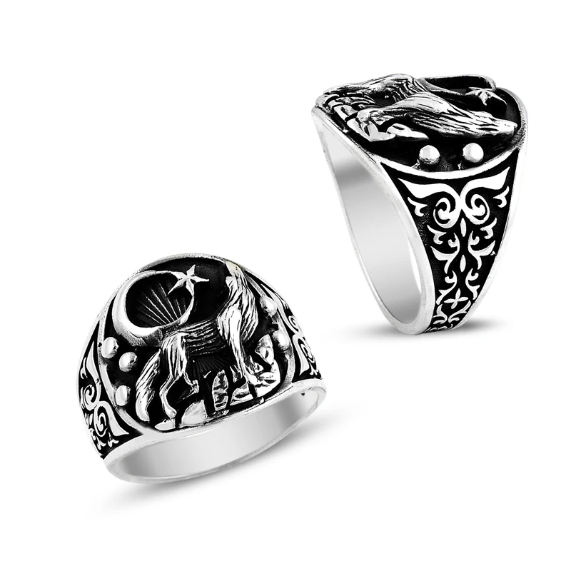 925 Silver Moon and Wolf Printed Tribal Rings for Men