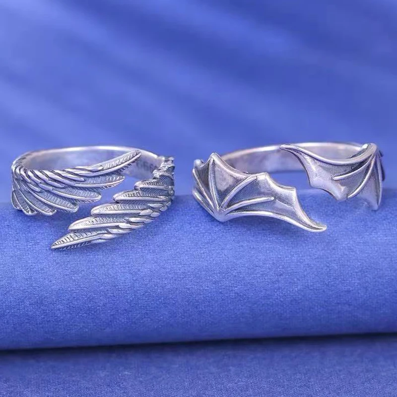 2 Pcs/set Punk Angel Demon Wing Couples Rings for Women Retro Silver Color Feather Open Ring Wedding Jewelry Valentine's Gift