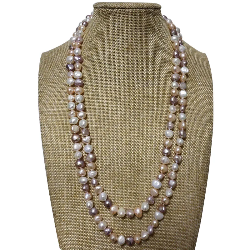 48 inches 9-10mm Natural Multicolor Baroque Pearls Long Chain Necklace