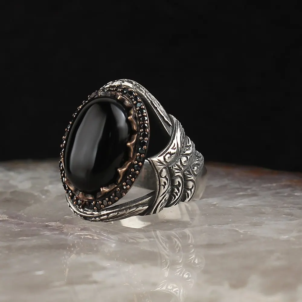 Onyx Pen İşçilikli 925 Sterling Silver Men 'S Ring