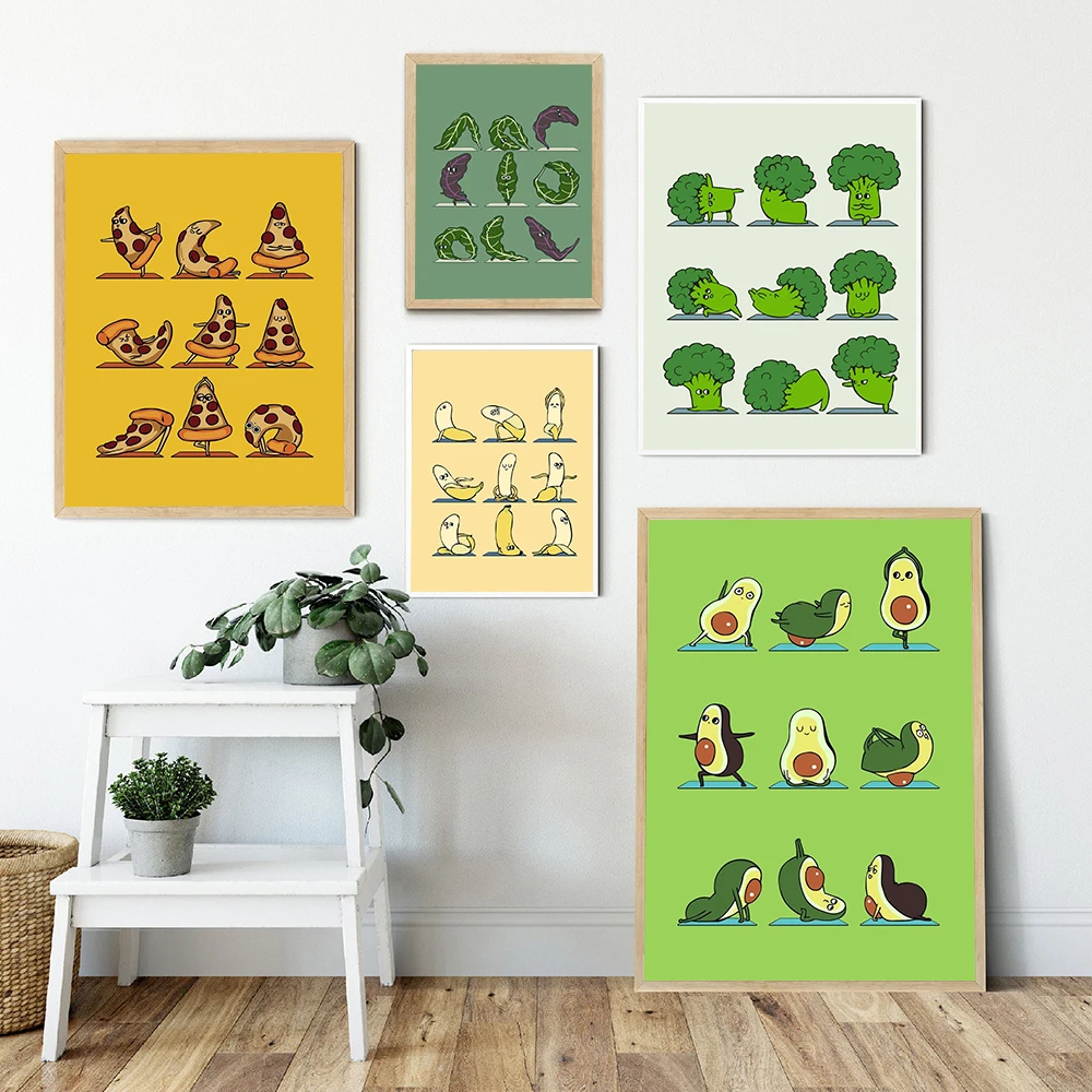 

Cute Avocado Banana Broccoli Yoga Canvas Posters Vegetable Kale Fruit Watercolor Prints Nordic Wall Art Picture Kidroom Decor