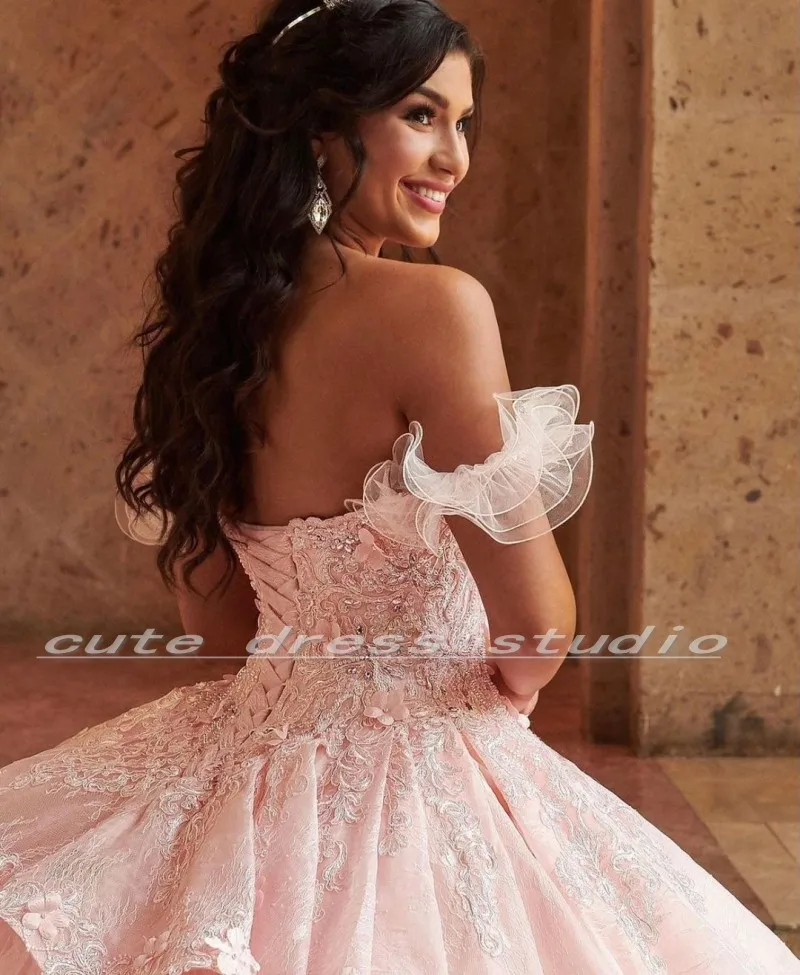 Vestido mexicano sweet 16 rosa, vestido quinceanera com apliques de rendas babados, vestido de baile com babados