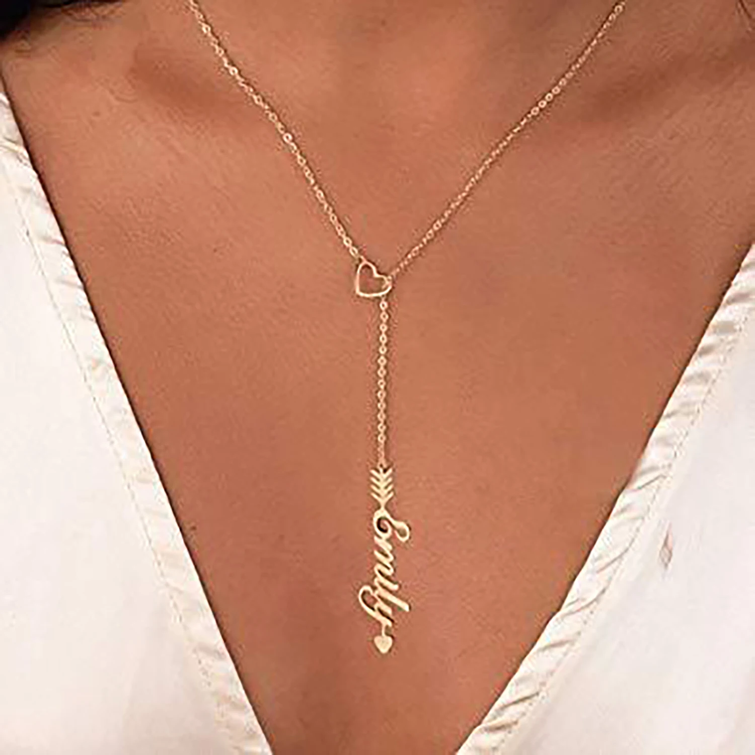 Personalized Name Necklace Stainless Steel Arrow Through Heart Name Pendant Gold Choker Nameplate Gift  For Women Girls