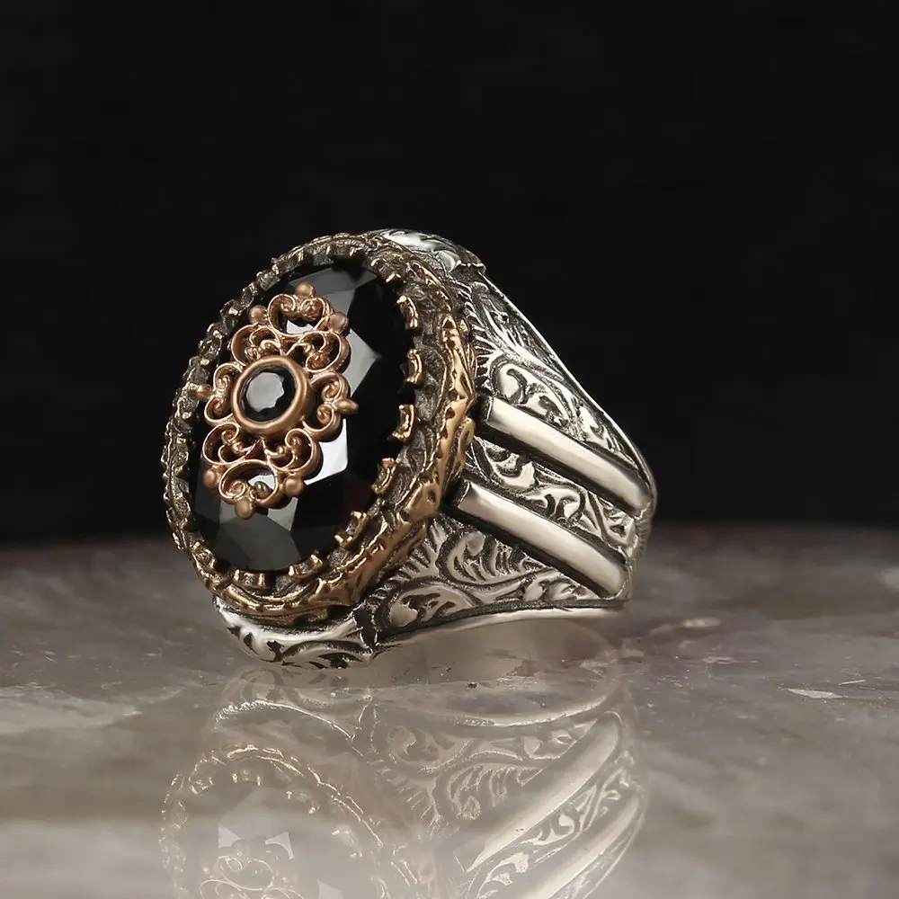 Pen İşçilikli Zircon Silver Men Ring