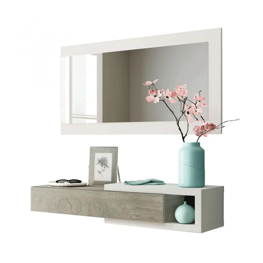 Hall with drawer + mirror, measures 19x95x26 cm in background (Artik White and walnut)