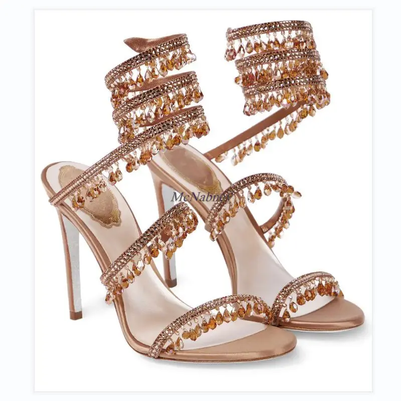 New Women Snake-like Sandals Chandelier Embellished Satin Sandals Ankle Straps Shimmering Crystals Summer Shoes Handmade