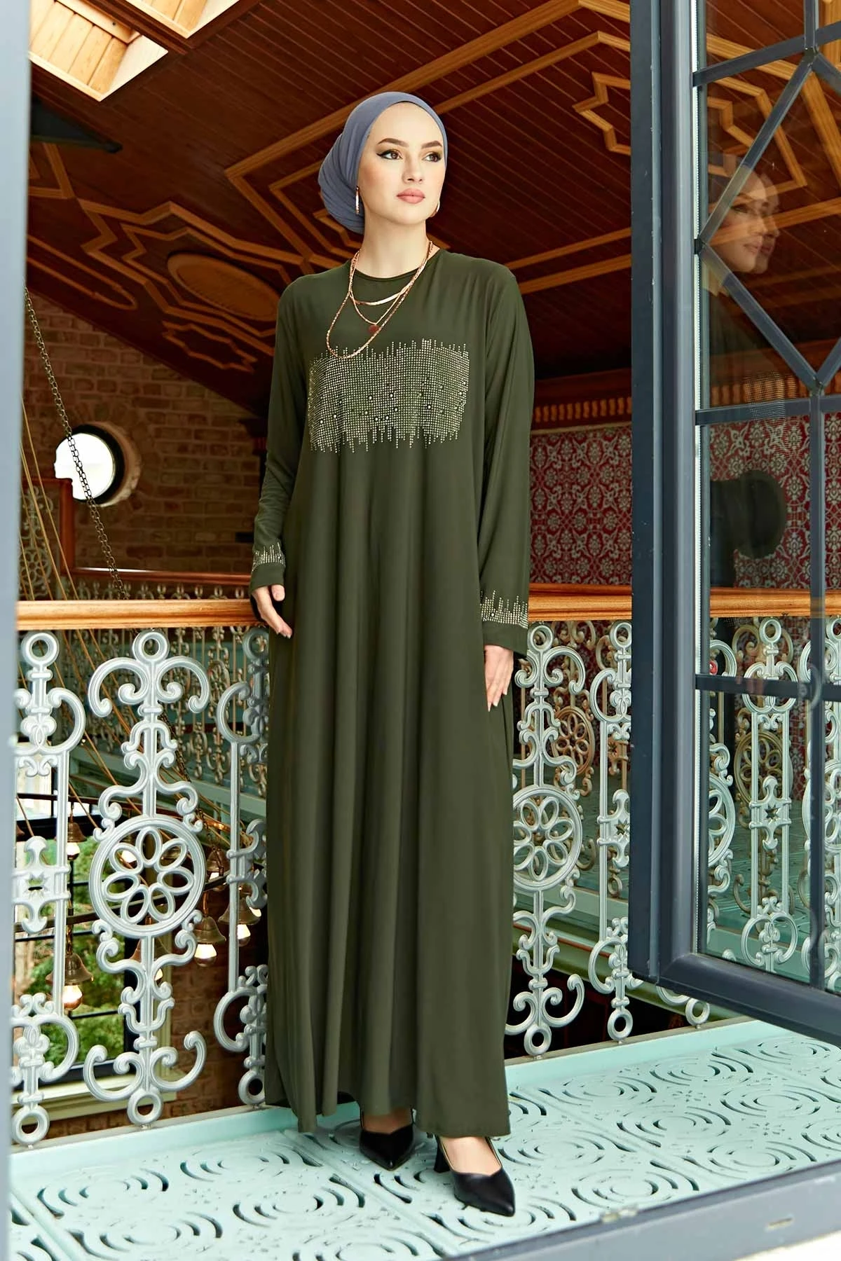 

TUGBA Stone Embroidered Sandy Dress Abaya Muslim women dresses for Women Muslim long dress Muslim turkey abayas for women dubai turk caftan marocain kaftan