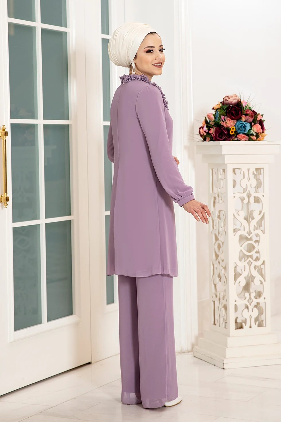 Summer 2021 2 piece Set muslim women turkey Lace Abaya blouse wide leg pants Kaftan Eid suit Islamic clothing djellaba