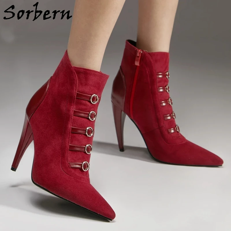 

Sorbern Black Ankle Boots Curved Heels Pointed Toe Women Buckles Fetish Crossdresser Shoe Plus Size 15 Custom Multi Colors