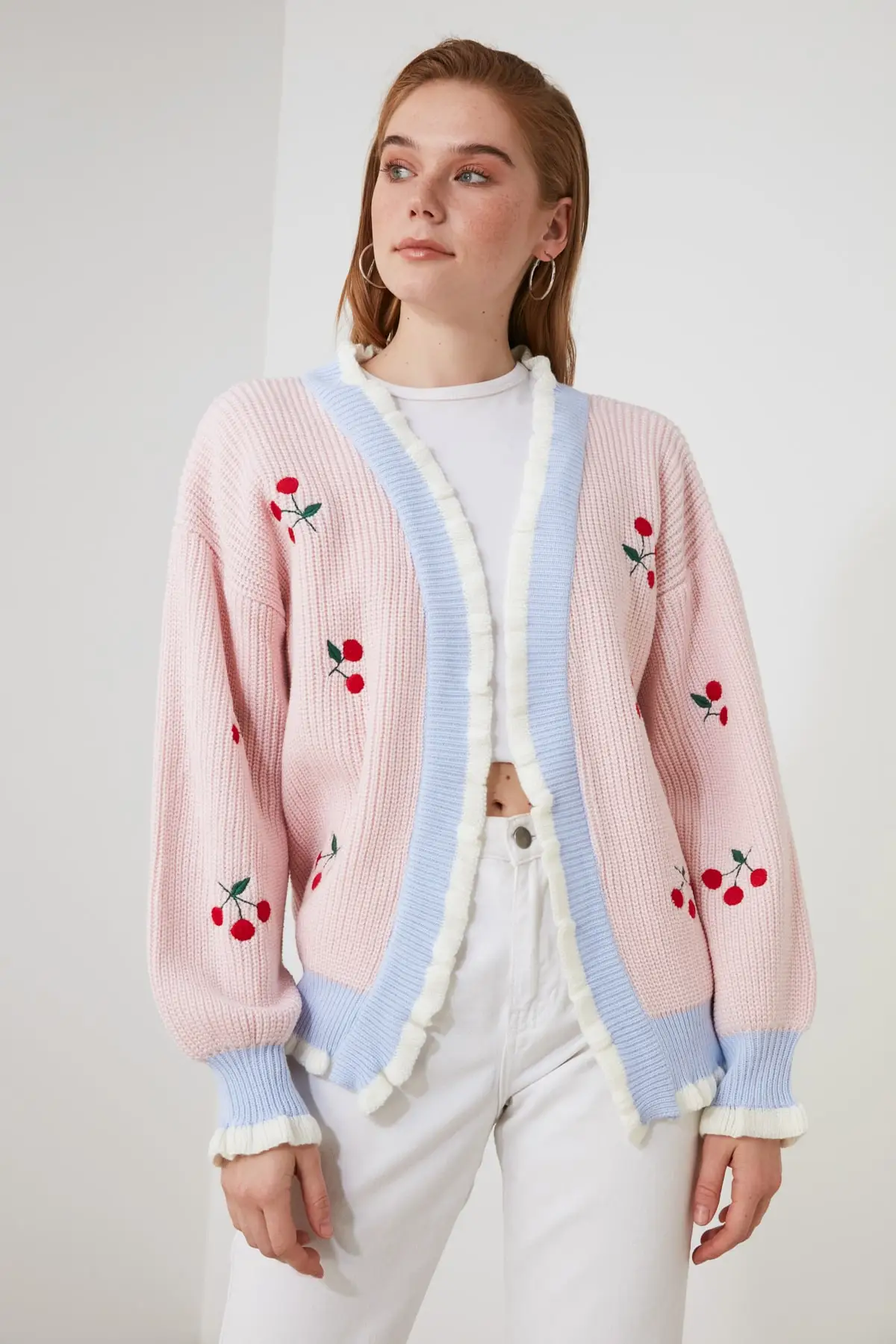 Powder Colour Embroidered Knitwear Cardigan