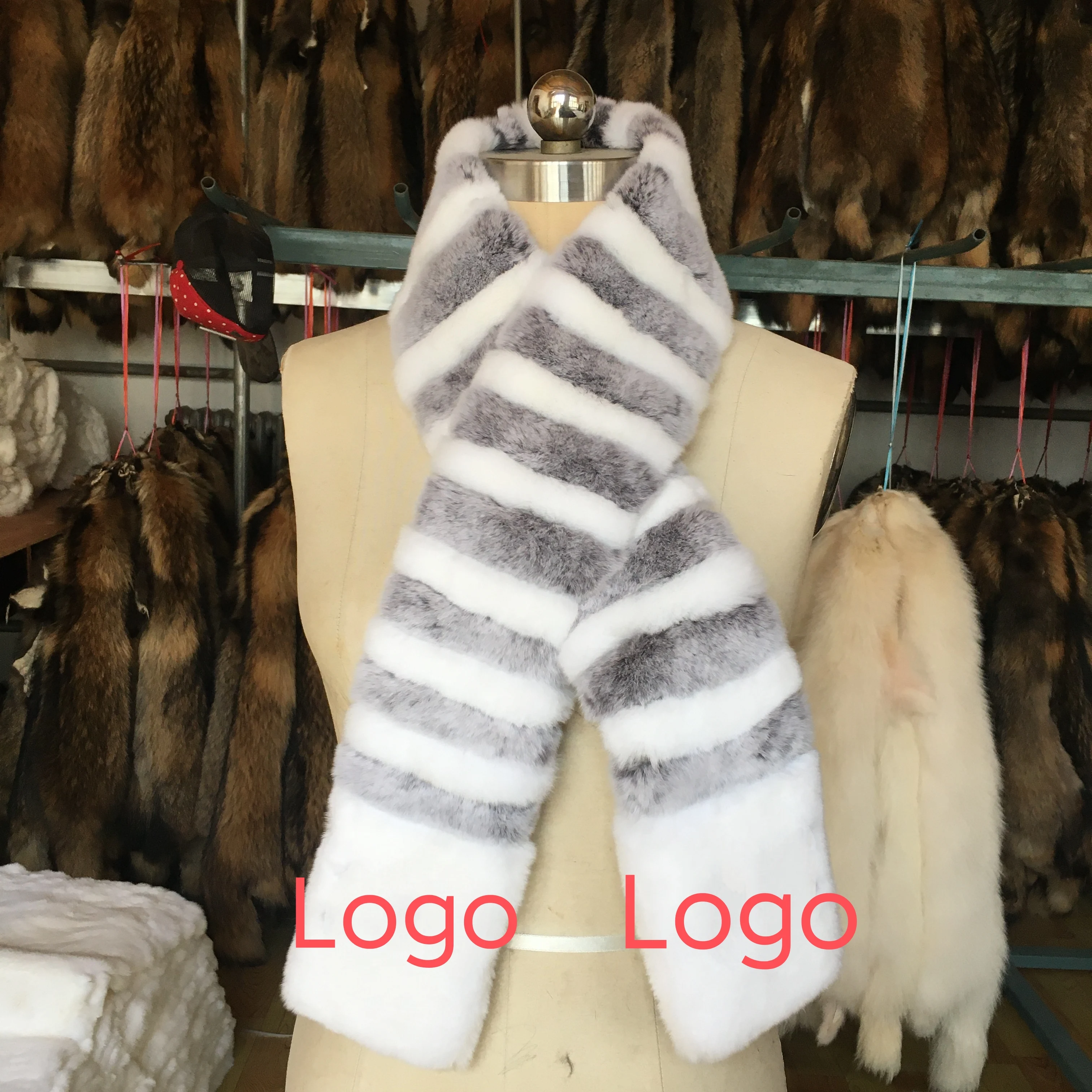 Original long scarf for women, natural rabbit Rex 140 cm-14 cm with personalized logo, warm winter