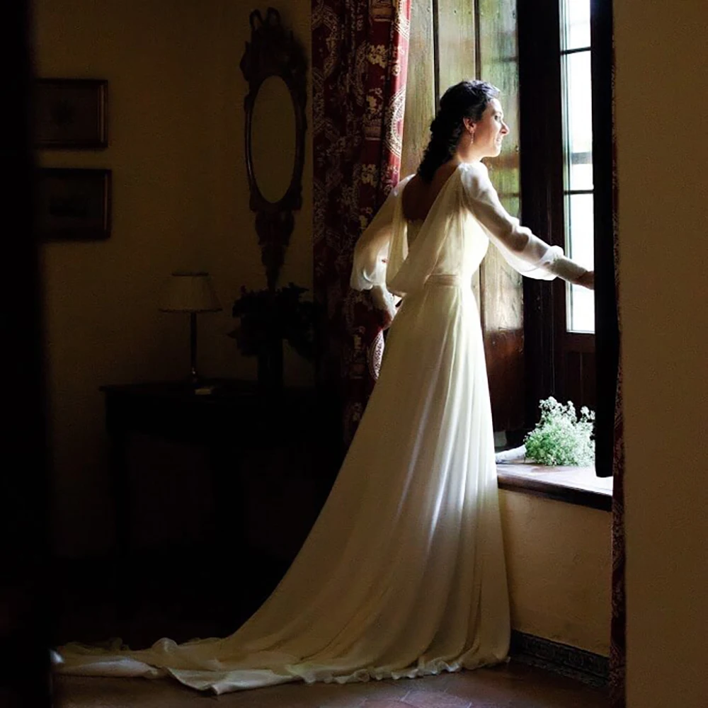 Vestido de novia de gasa con Espalda descubierta, traje de novia de corte A, con mangas largas hinchadas, encaje, talla grande, cuello de murciélago, marfil