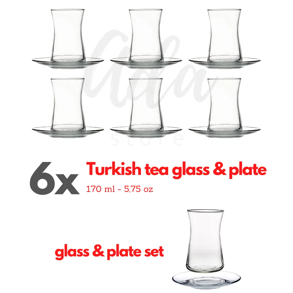 6 pcs Heybeli Turkish Style Authentic Tea Cup and Saucer Set Crystal Clear Cup Elegant Kitchen Dining Coffee Tea Demeleme