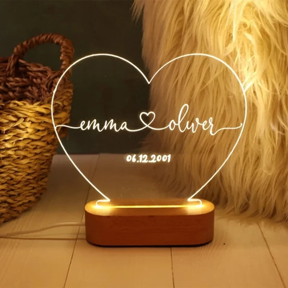 

Personalized Heart LED USB Night Light Custom Names MOM/DADA/NANA/LOVE/SISTER/GRANDMA Acrylic Lamp For Family Home Decoration