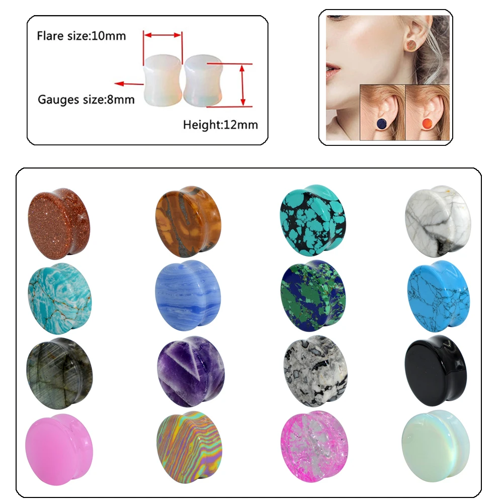 Pair Stone Ear Plugs Gauges Earrings Double Flare Saddle Stretching Gauges Expander 6mm-25mm Ear Stretcher Body Jewelry