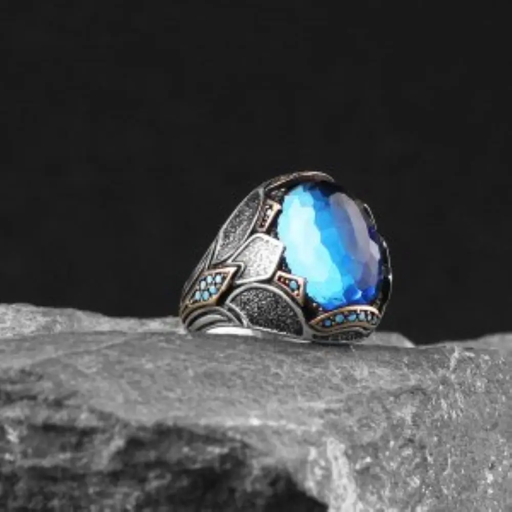 Free Shipping Zircon Gemstone 925 Sterling Mens Silver Ring, Real Natural Stone Vintage Men For Gift Jewelry, made in Turkey Turkish Style