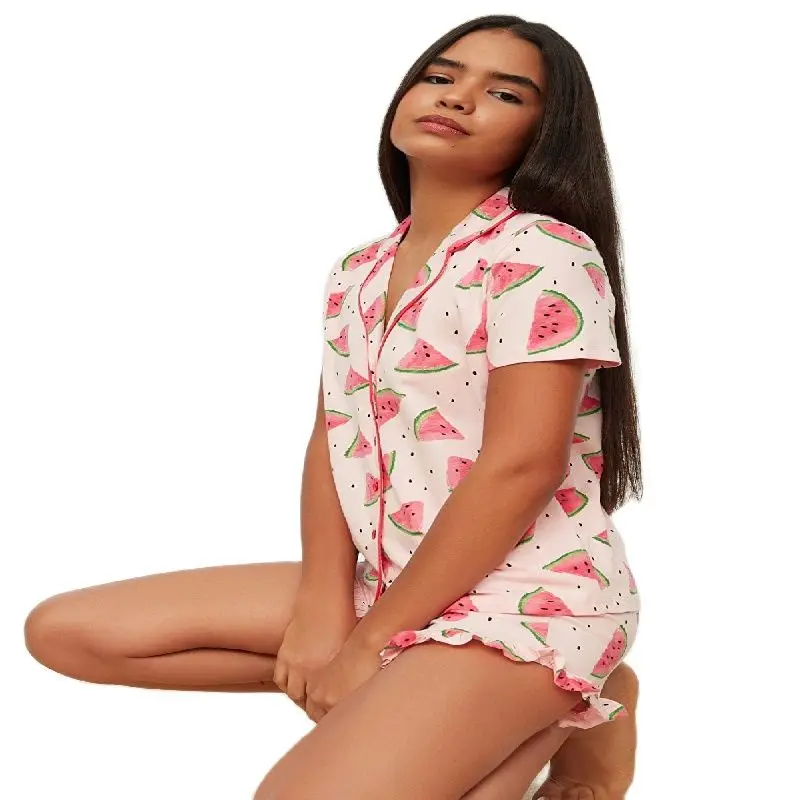 TuBiTeX Pink, Short-Sleeve, Shorts, Button, Rabbit Pattern, Knitted Pajamas Set, Suit, Viscose