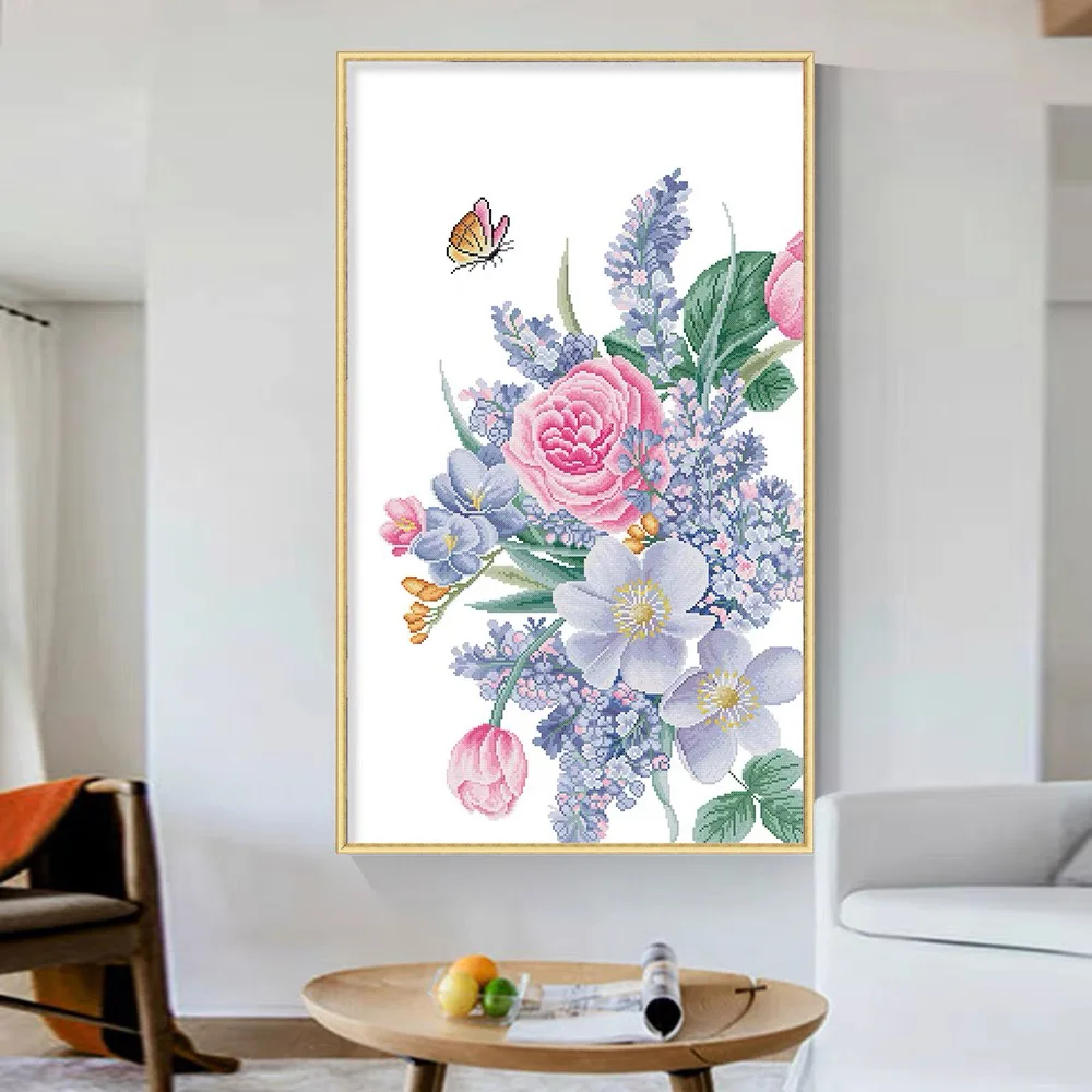 Beautiful Wild Flowers and Flying Butterfly Stamped Cross Stitch Kit, 21.7