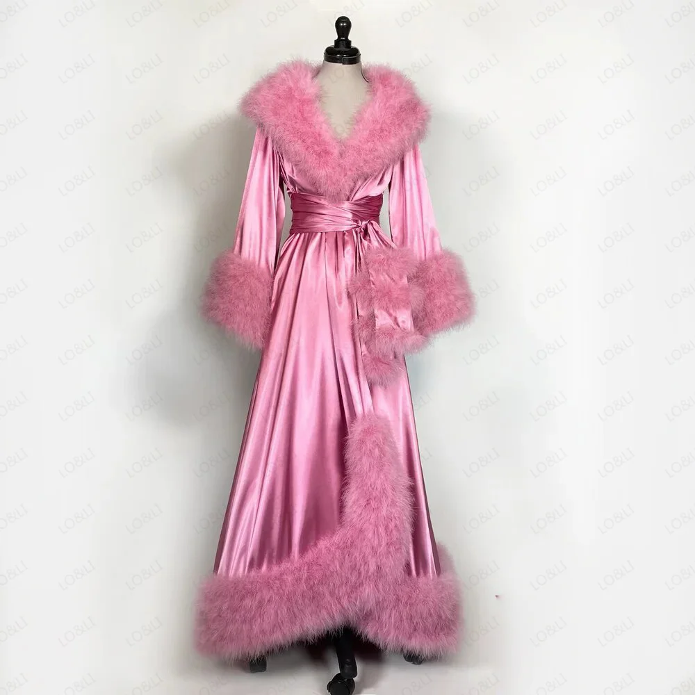 LO&LI Silk Pajamas Pink Feathers Robe Gown Dress Custom Women Wedding Bathrobe Christamas Nightwear Free Shipping Hot Selling