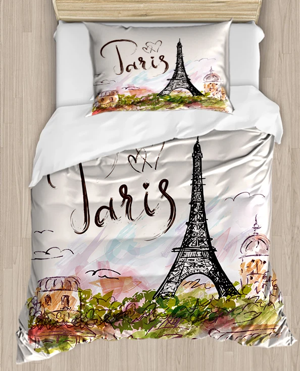 

Else Paris Eiffel Tower Green Floral Writen 4 Piece 3D Print Cotton Satin Single Duvet Cover Bedding Set Pillow Case Bed Sheet