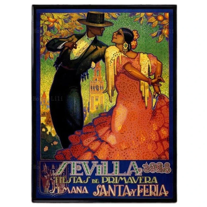 Póster Vintage de Mardi Gras, arte de pared de lona para decoración del hogar, Nueva York, Luisiana, Seville, España, pareja, baile, viaje