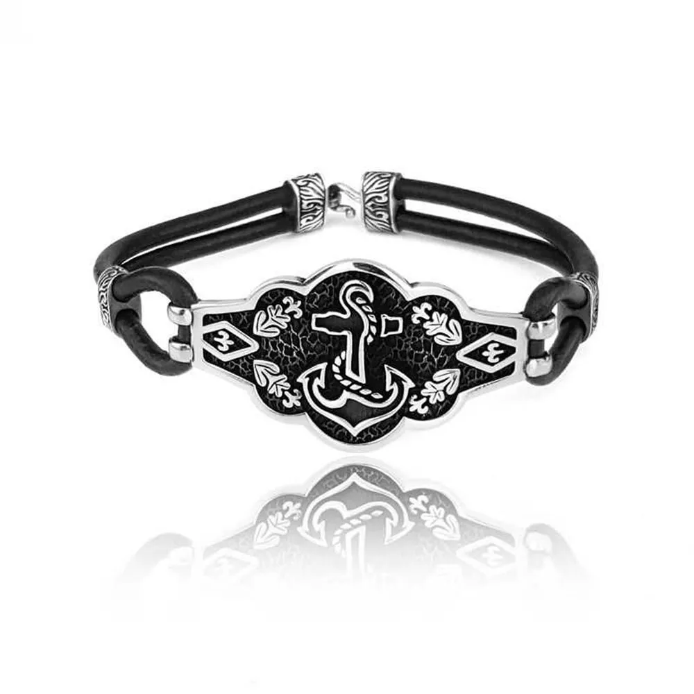 Silver Sailor Anchor Bracelet for Men 925 Sterling Silver Leather Collocation Fashion Natural Male PunkMask Vintage Antique Gift