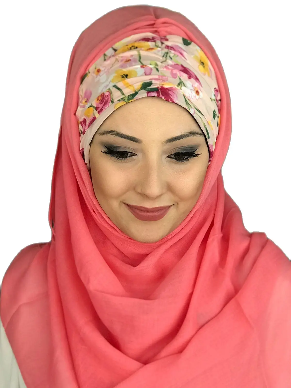 New Fashion 2021 Hijab Islamic Clothing Turban Women Hat Spring Summer Scarf Coral Color Floral Shirred Ready Shawl