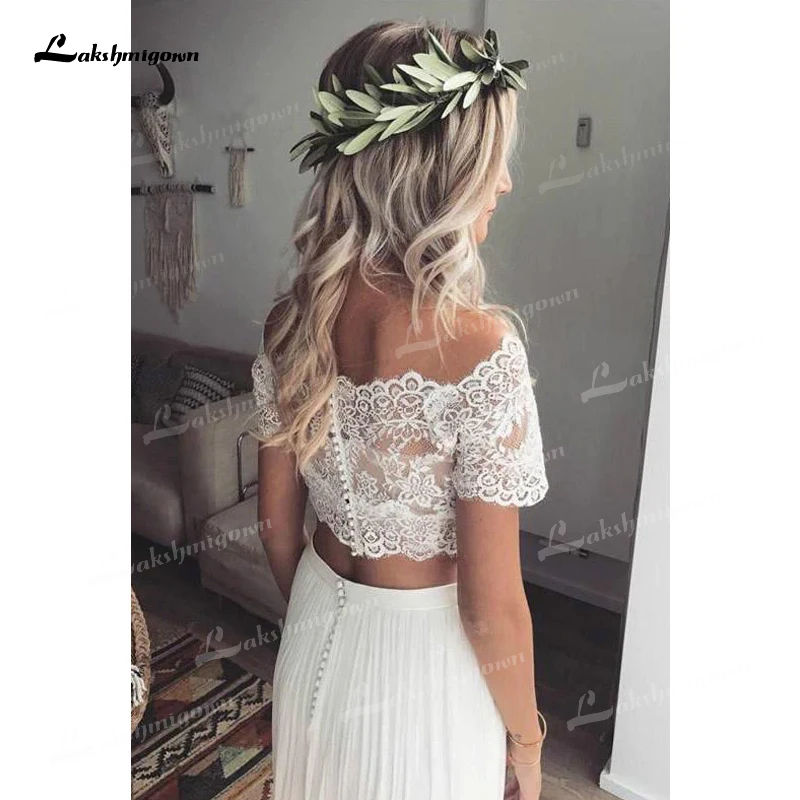 Charmant Boho Twee Stukken Bridal Bruidsjurken Lace Top Korte Mouwen Boothals Trouwjurken Voor Bruid Gown 2023 Vestidos