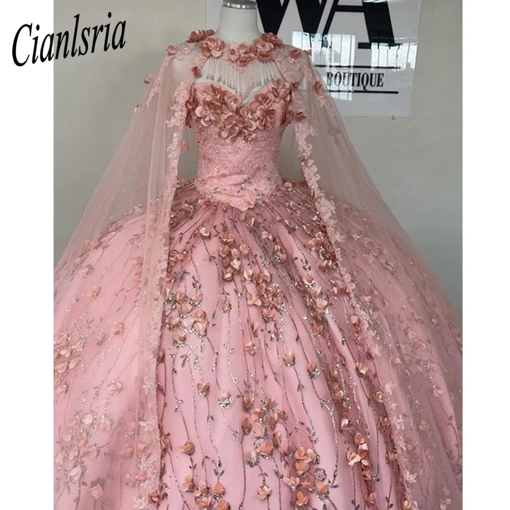 Розовое милое платье для 16 Quinceanera, сверкающее кружевное пышвечерние вечернее платье, бальное платье, мексиканская девушка, платье на день ро...