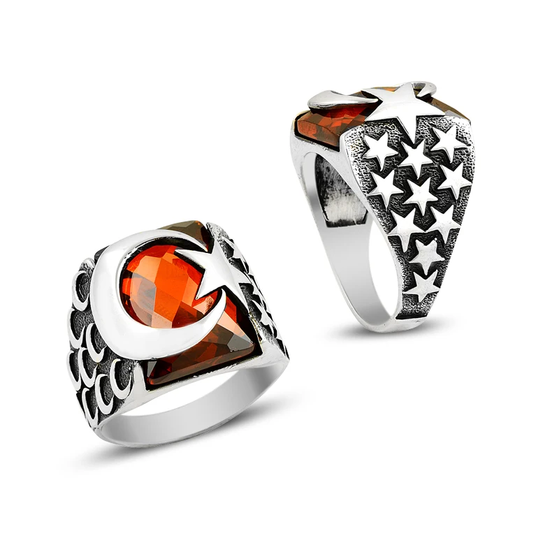 925 Silver Moon and Star Printed English Men Rings