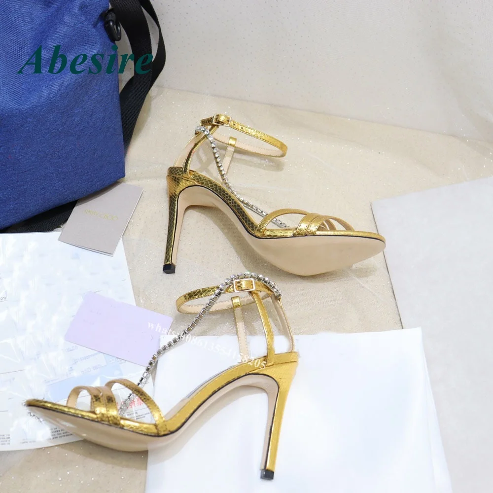 2022 Gold Crystal Stiletto Sandals Bling Strappy Buckle Strap Women Sandals Summer High Heels Snake Open Toe Slingback Sexy