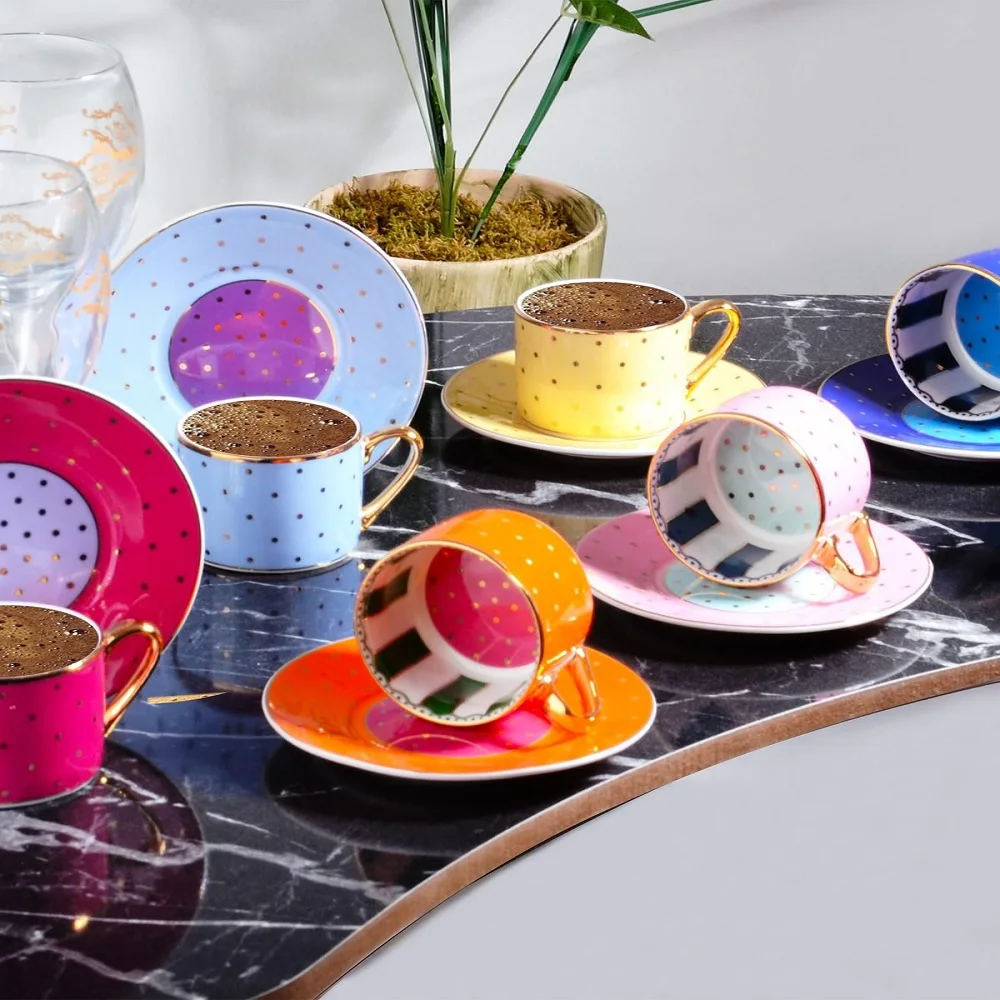 Kosovo Colorful Set of 6 Coffee Cups, Espresso, Coffee with Milk Stylish and Luxury Turkish Coffee Set