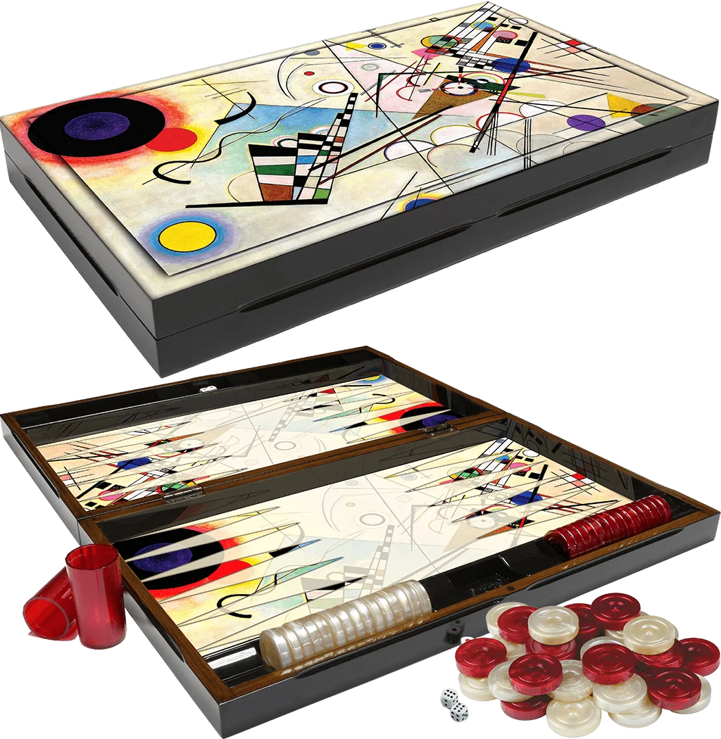 Backgammon Luxury Board Wooden Set XXL HIGH QUALITY Polished Kandinsky Pattern Checkers Family Party Adult Entertainment Games