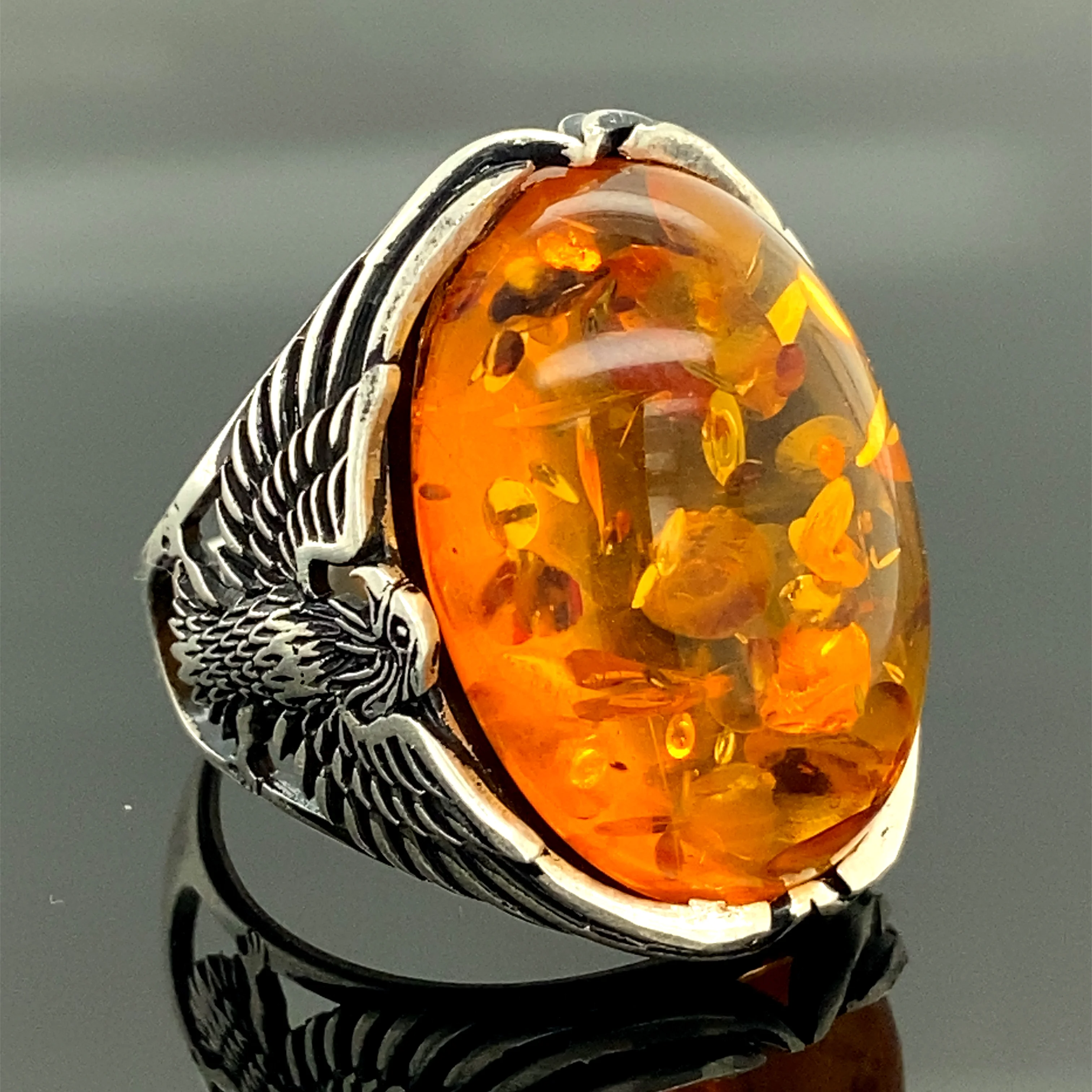 Men Silver Ring, Amber Oval Gemstone Mens Ring , Eagle Figured , Ottoman Jewelry , 925 Sterling Silver Ring , Gifts for Husband