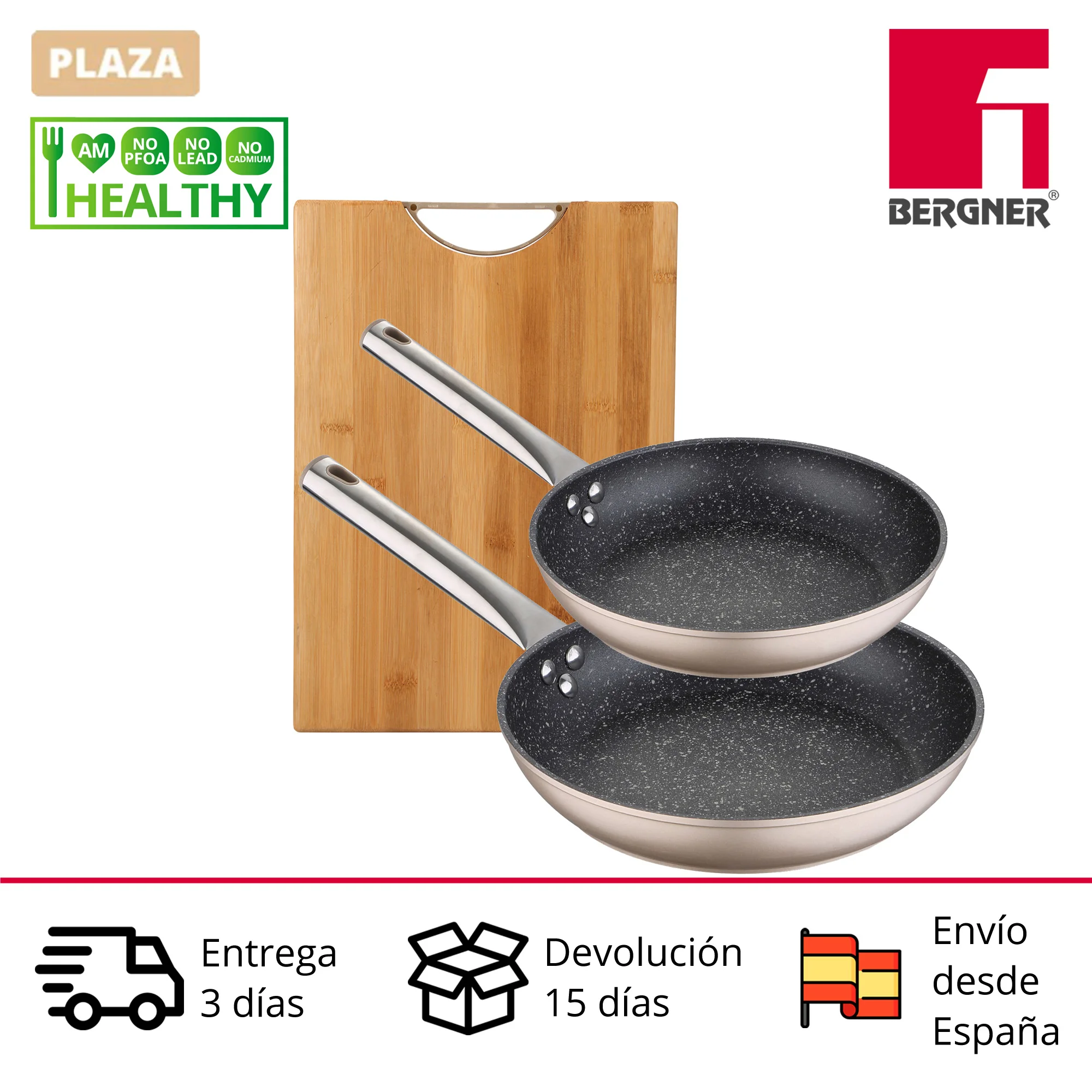 Set of BERGNER pans (20,30cm) in forged aluminium and 35cm cutting board made of Neon collection bamboo