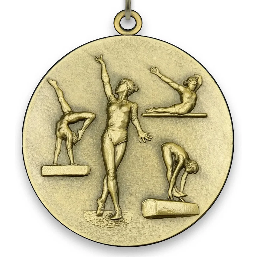 Large Metal Gymnastics Female - Gold - 6,4 cm - with Neck Ribbon size 2,2cm x 80 cm - Choice of Ribbon Colours.