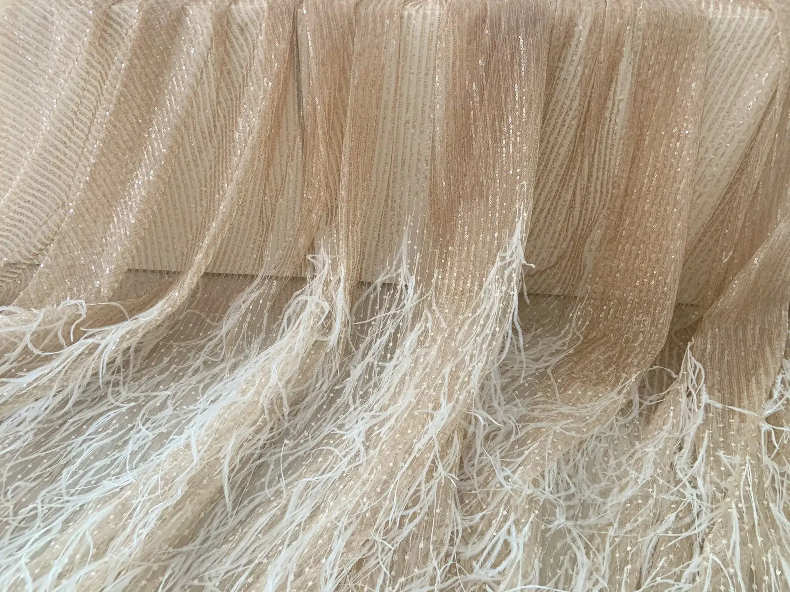 1 Yard Rose Gold Sparkle Sequined Tulle Fabric With Ostrich Feather, French Bead Lace Fabric For Haute Couture Dress,