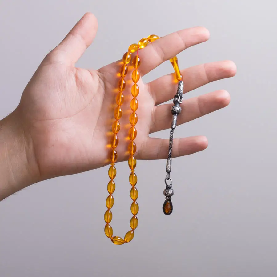 Silver Yellow Amber Gemstone Prayer Rosary Men Barley Cut Rosary With Silver Tassel Islamic Tasbih With Drop Knitting Tassel