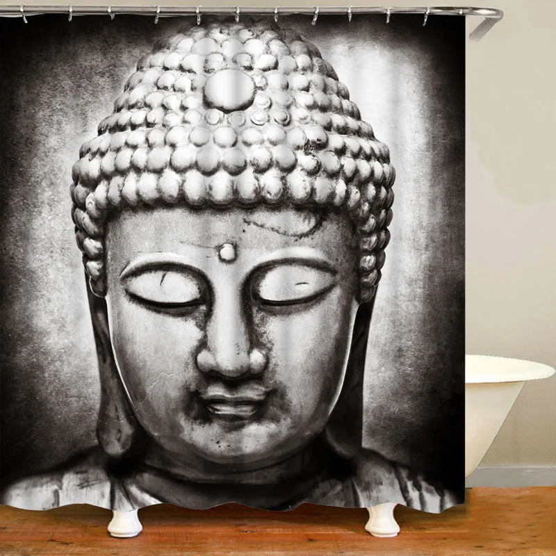 Classic Stone Buddha Head Shower Curtain Set Buddhism Zen Religion Bath Curtains Waterproof Bathroom Toilet Mat Rugs Home Decor