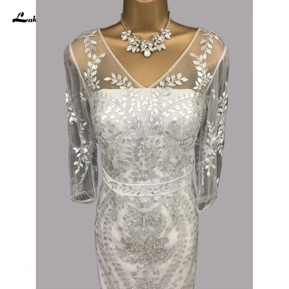 Requintado prata embelezado mãe da noiva vestidos contas v pescoço vestidos elegantes para mulher vestido mae da noite