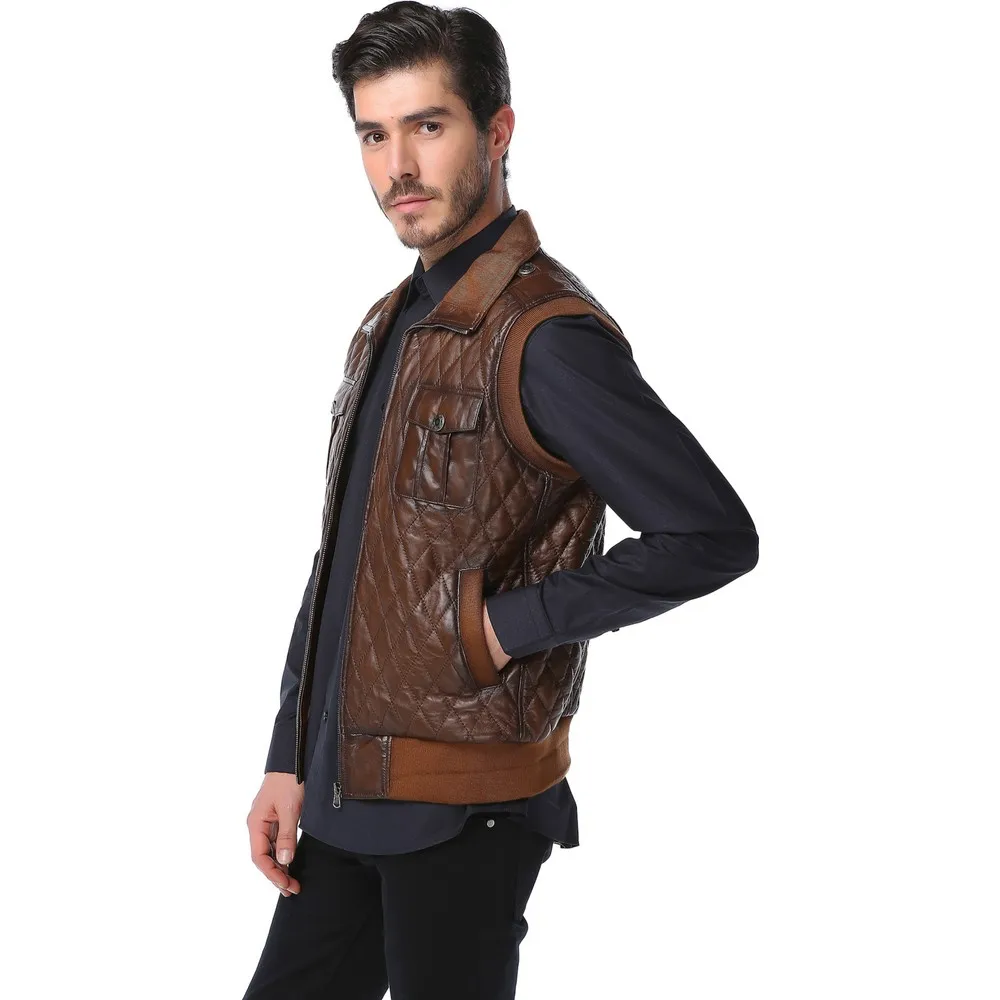 Techwear Men's Real %100 Quilted Lambskin Genuine Leather Vests Motorcycle Warm Large Size High Quality 2021 Trendy Utility