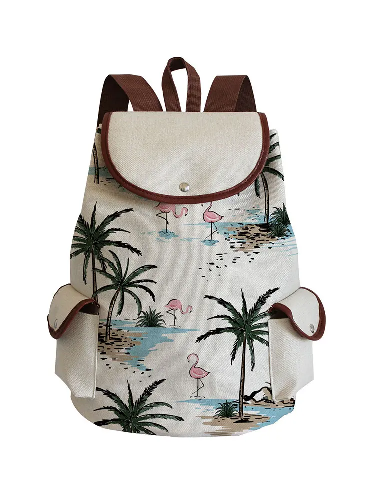 Coconut Tree Flamingo Printed Handbag Casual All-Match Drawstring Backpack Large Capacity School Bag Portable Ladies Backpack