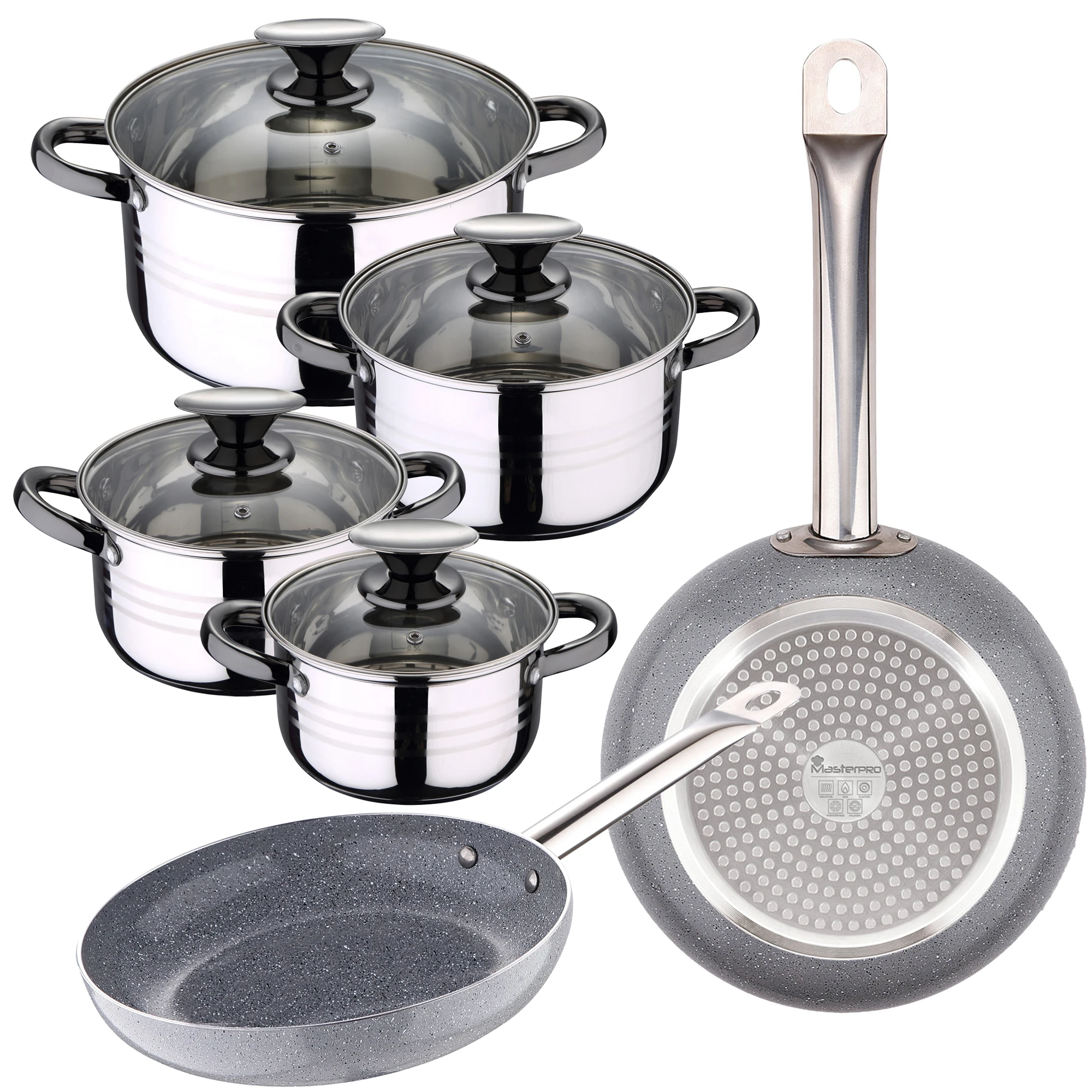 Pans (24,28cm) in pressed aluminium suitable for induction and kitchen battery 8 pieces in SAN IGNACIO stainless steel