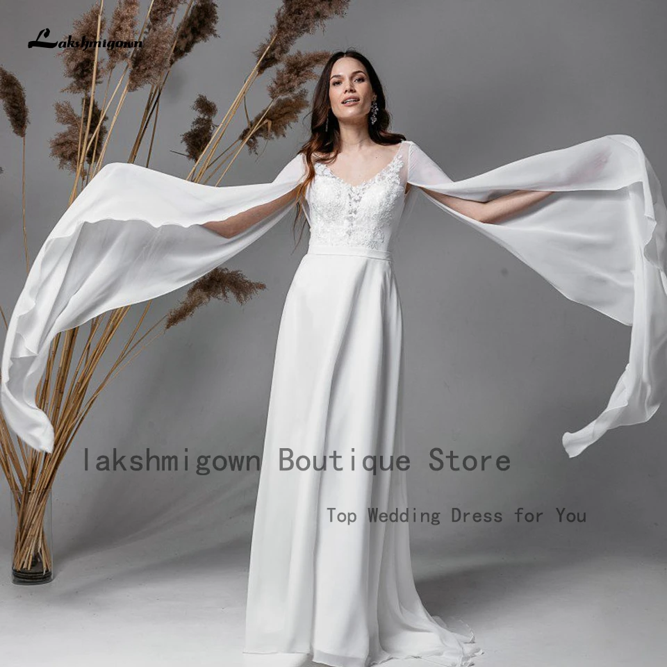 

Lakshmigown Vintage Boho Chiffon Wedding Dress with Cape 2022 Sukienka Elegant Bridal A Line Wedding Gowns Sheer Illusion Back