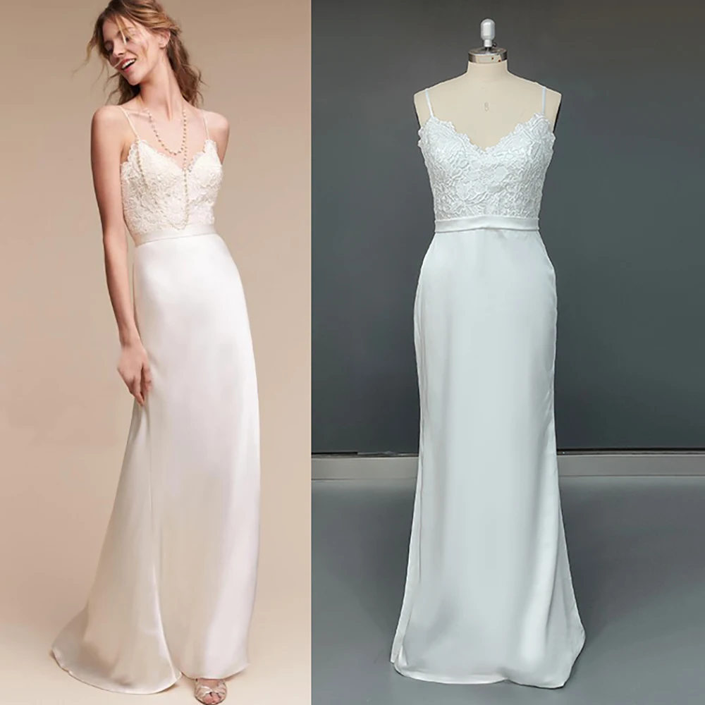 Vestido de novia de satén con tirantes finos y cuello en V, maxivestido de novia con apliques de botones, espalda descubierta abierta, fotos reales