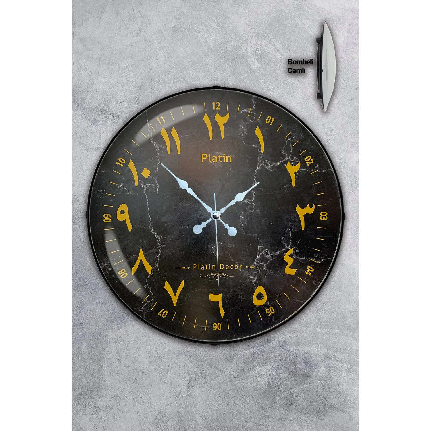 Platinum Watch 35 cm Dished Real Glazed Marble Pattern Arabic Wall Clock ARABIC Numerals Arabic basmala i serif religious islamic wall