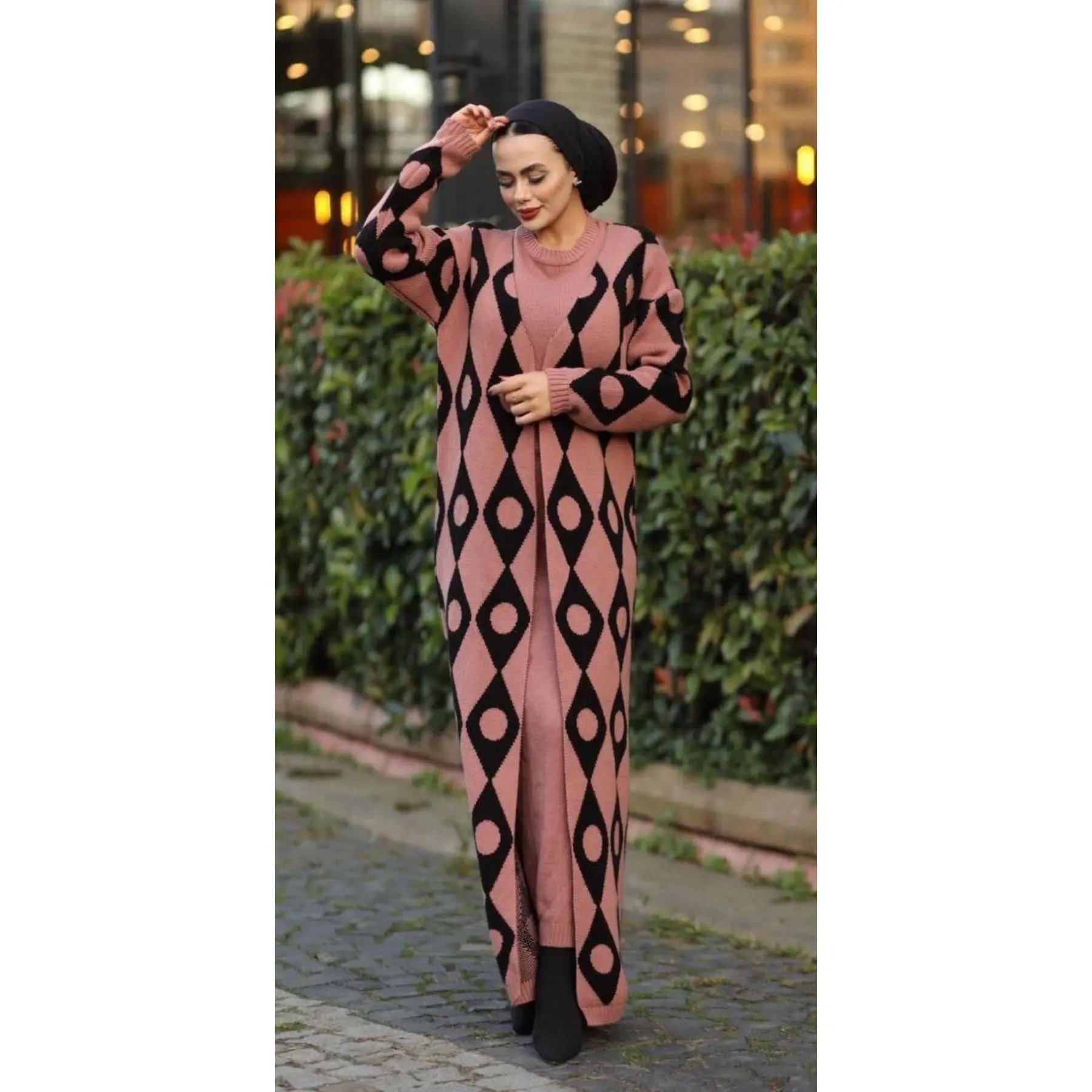 2 Piece Women\'s Set Polkadot Patterned Knitwear Maxi Long Sleeve Dress and Maxi Cardigan Long Sleeve Turkey Muslim Fashion 2021