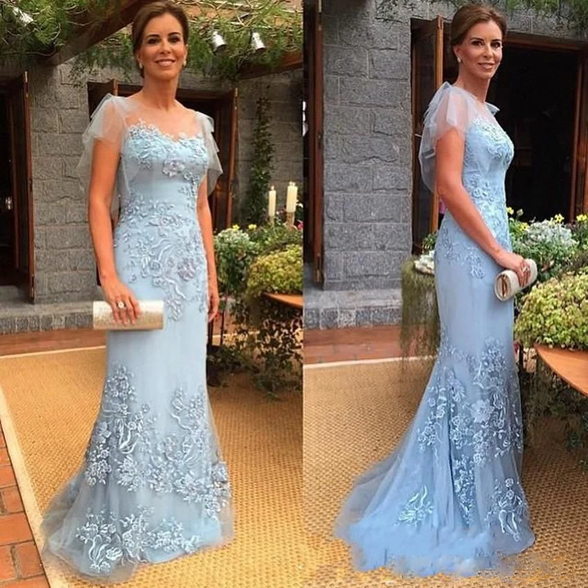 Vestido de noche azul claro para madre, vestido elegante de talla grande para madre de la novia, Apliques de encaje, vestidos de tul para madre para boda